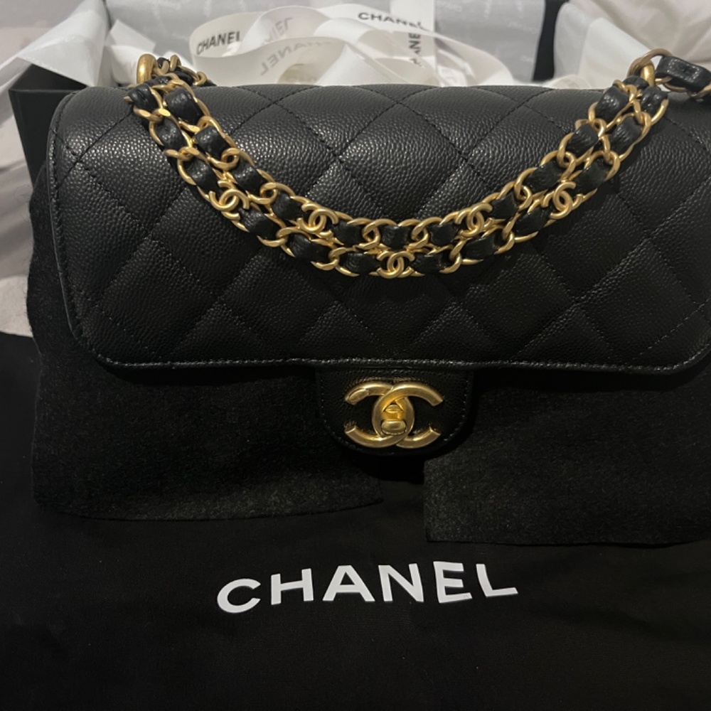 25P CHANEL Black Calfskin Small Rectangular Interwoven Chain Top Handl Flap